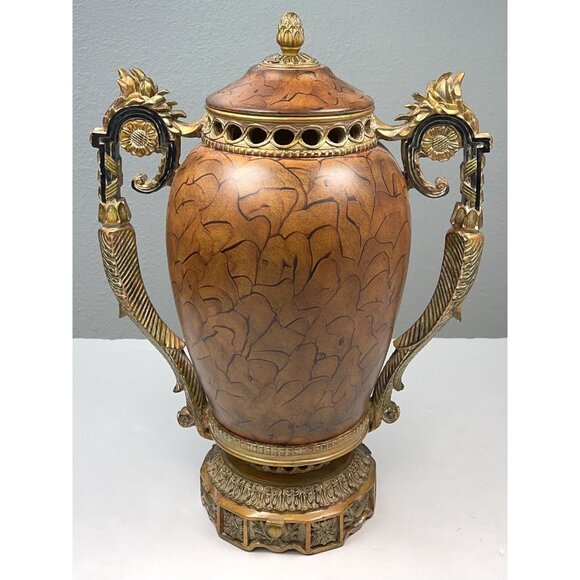 JOHN RICHARD 21"x17" Caramel & Bronzetone Ornate Lidded Pedestal URN Home Decor - Picture 3 of 8